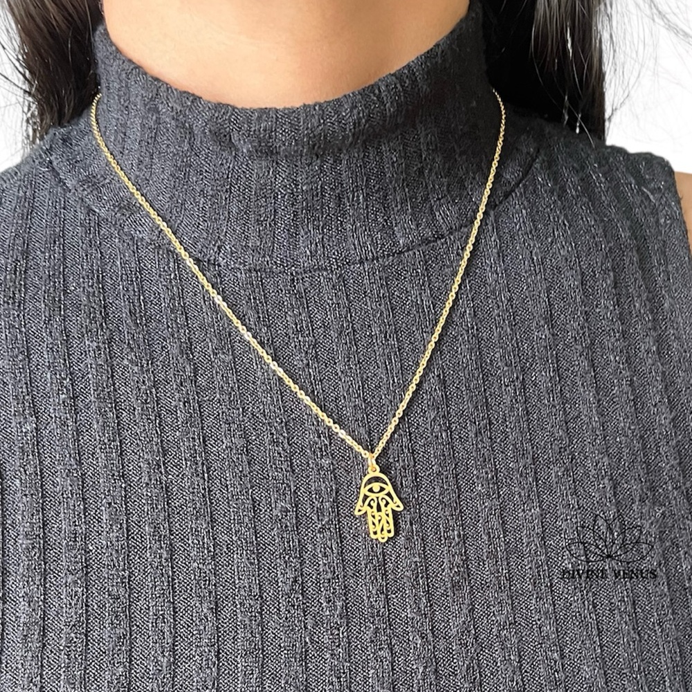 Hamsa Pendant Necklace | Dainty | Gold Plated Stainless Steel | Handmade